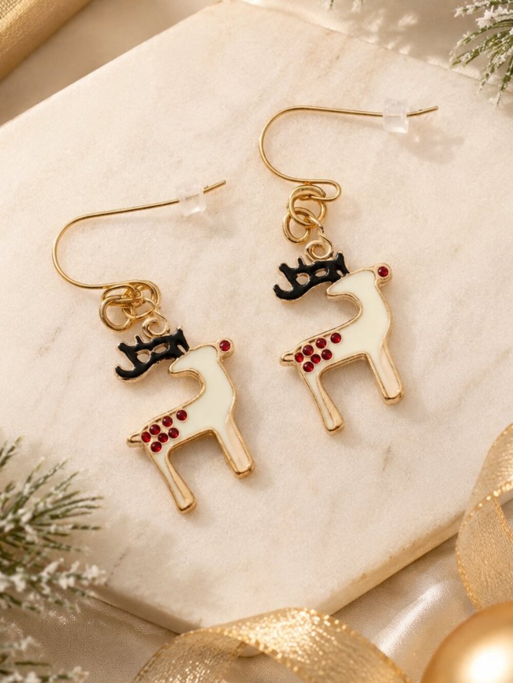 Rudolph Reindeer Enamel Dangle Earrings Red Nose Christmas Holiday Gold